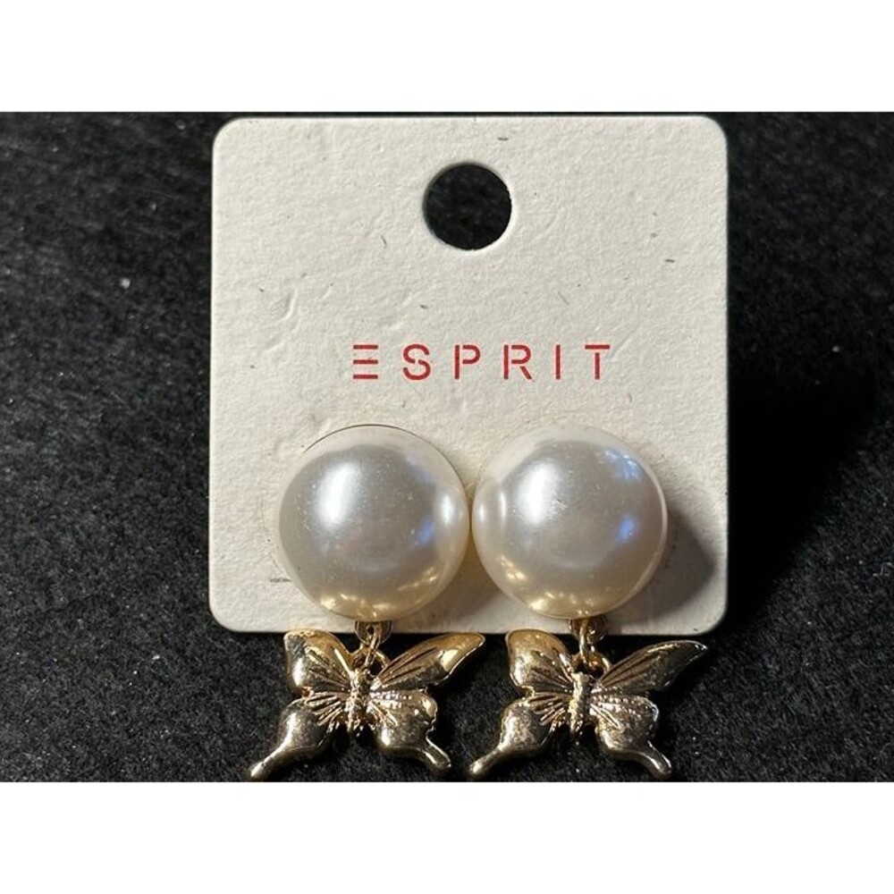 ESPRIT Gold Tone Pearl Stud Earrings Gold Butterfly Dangle Charm Boho New Pair